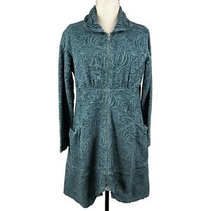 CMC Jacket Womens S Teal Zip Front Longline Textured Floral Coat Boho Artsy Twee